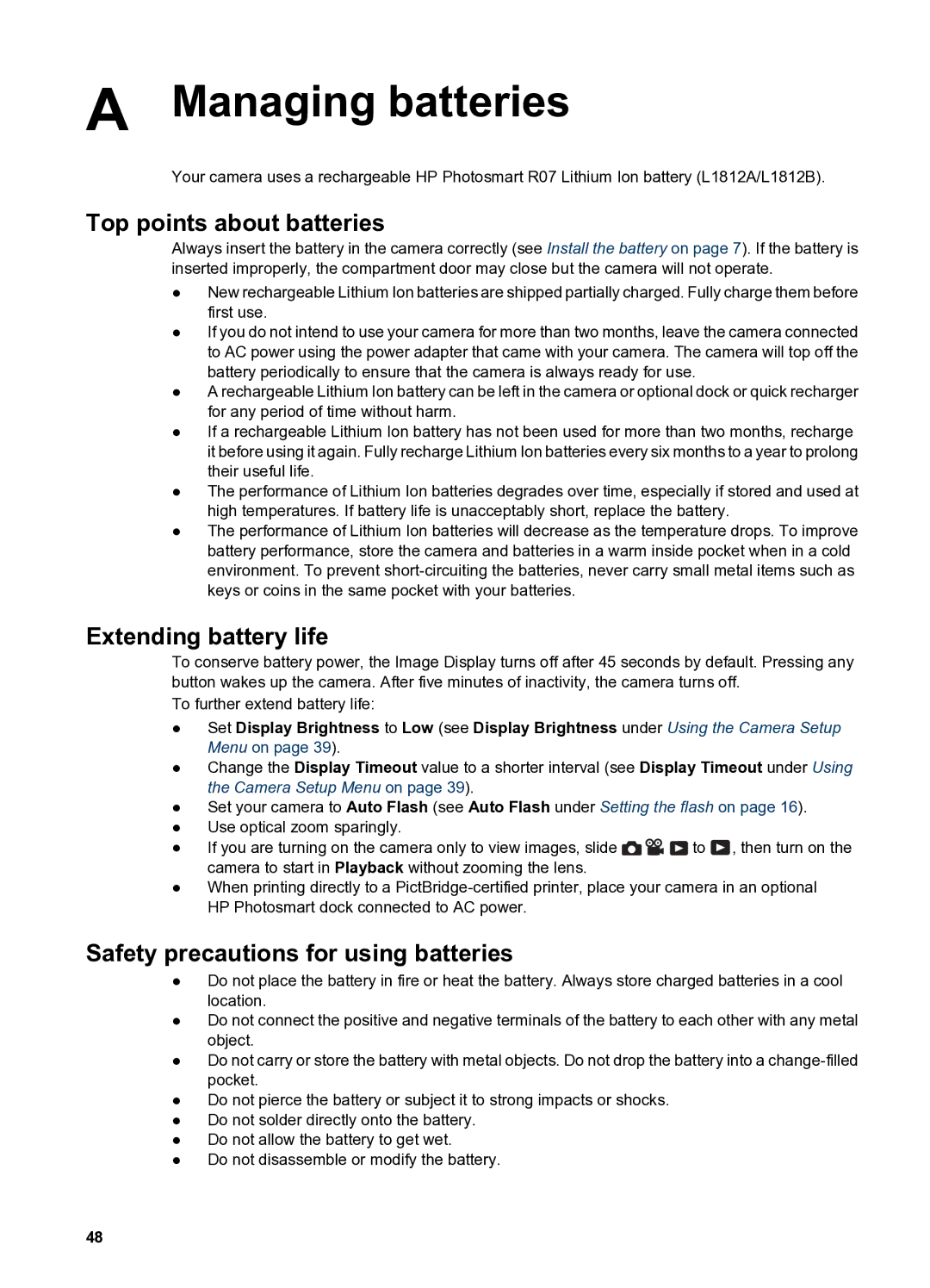 HP R837 manual Managing batteries, Top points about batteries 