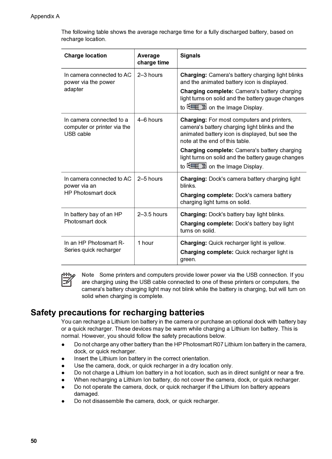 HP R837 manual Safety precautions for recharging batteries 