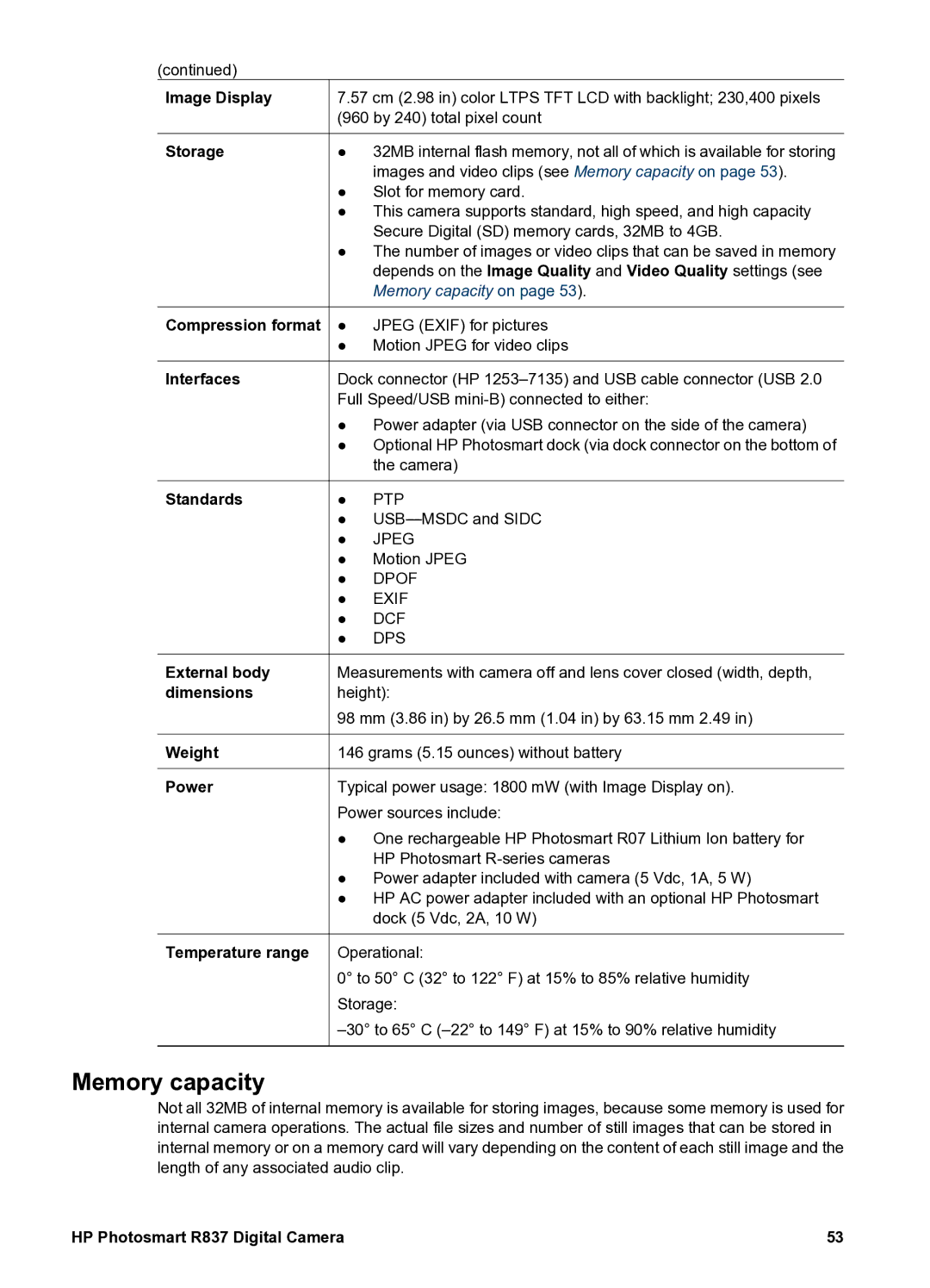 HP R837 manual Memory capacity 