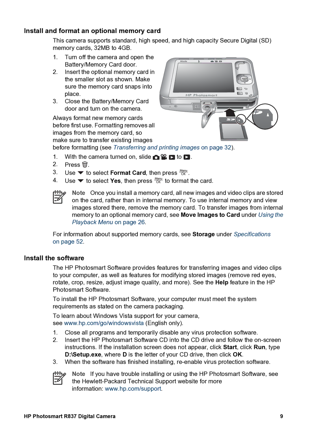 HP R837 manual Install and format an optional memory card, Install the software 