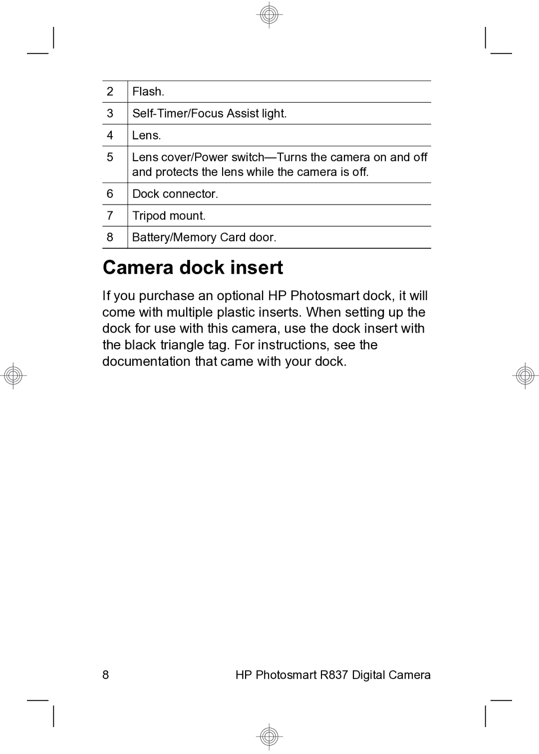 HP R837 manual Camera dock insert 