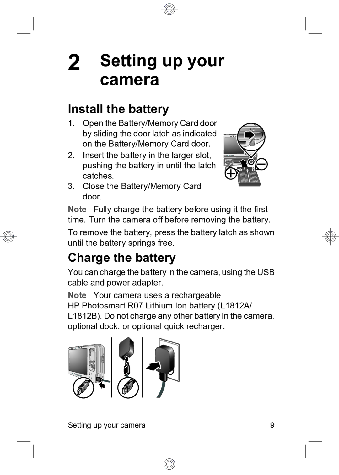 HP R837 manual Camera, Install the battery, Charge the battery 