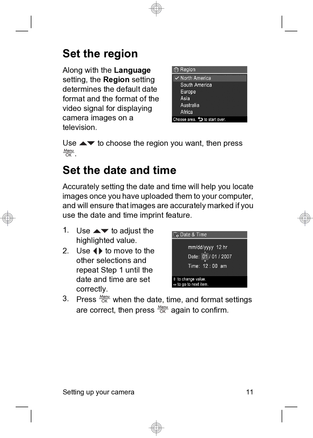 HP R837 manual Set the region, Set the date and time 