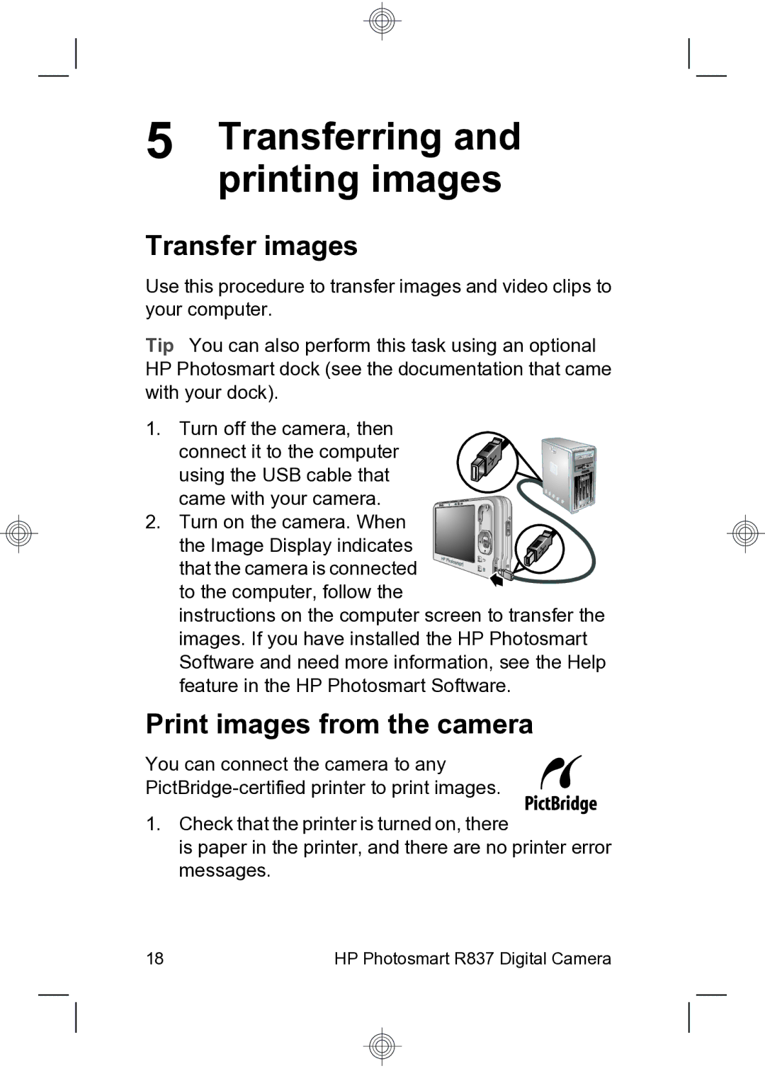 HP R837 manual Transferring and printing images, Transfer images, Print images from the camera 