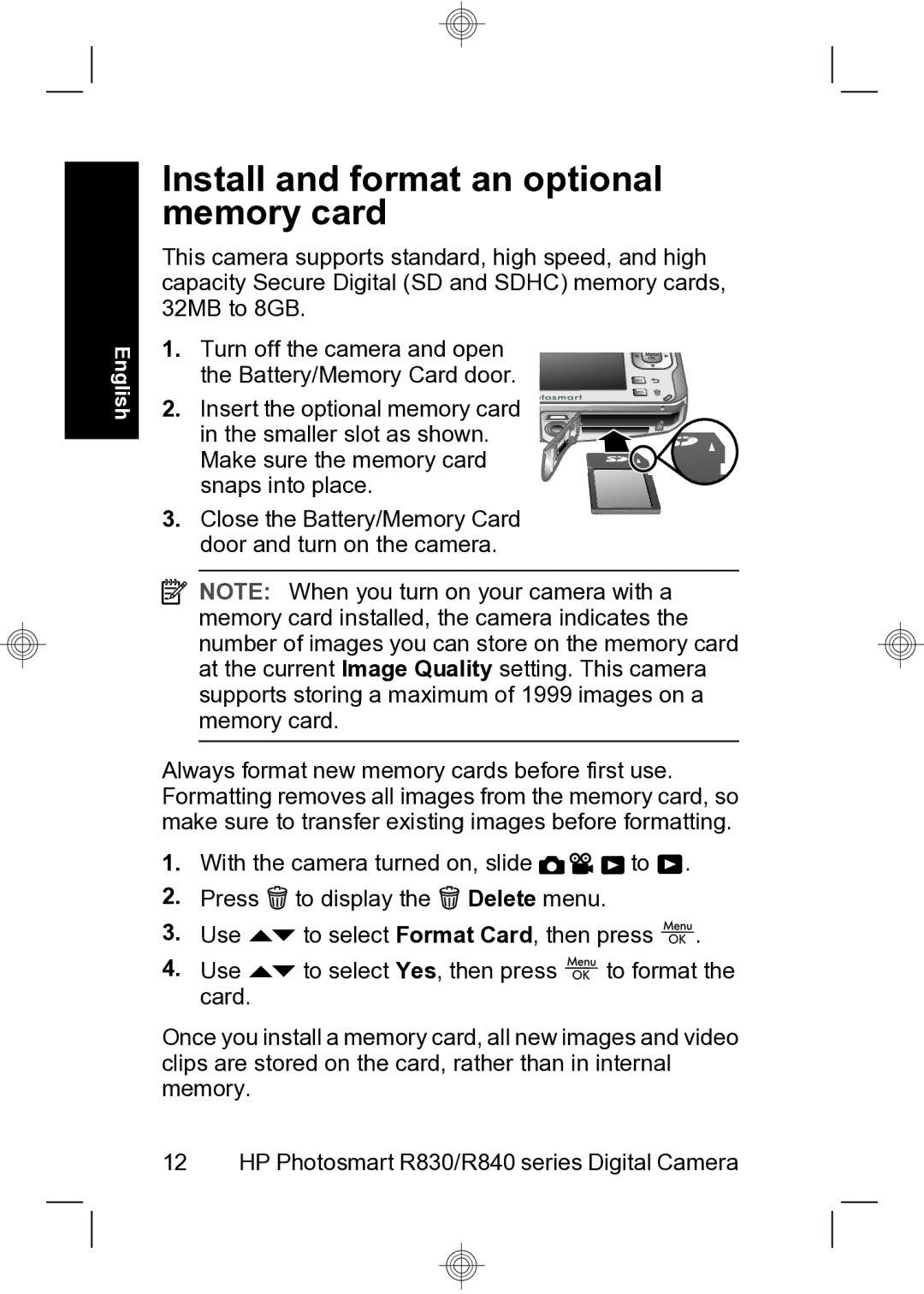 HP R847 manual Install and format an optional memory card, Close the Battery/Memory Card door and turn on the camera 