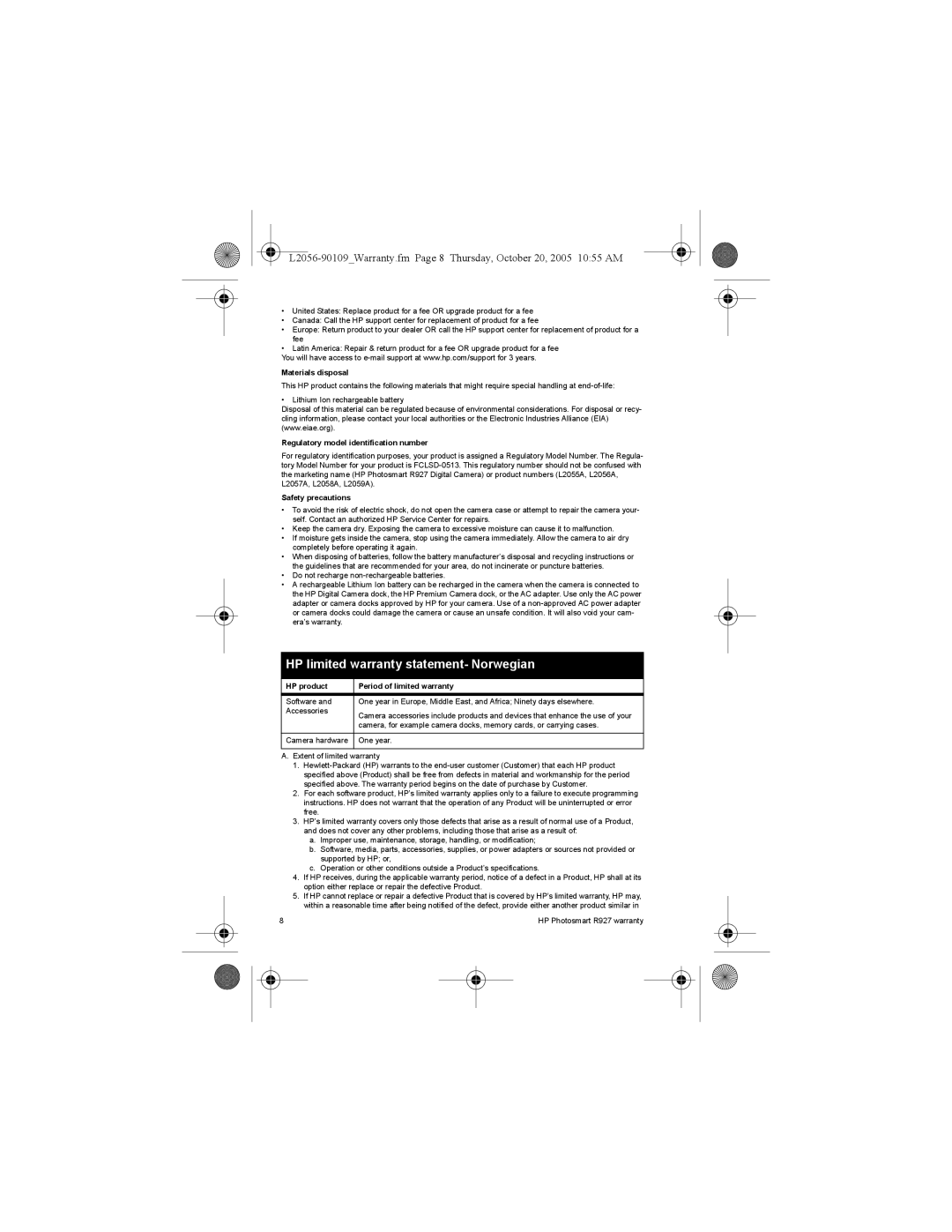 HP R927 R927 manual HP limited warranty statement- Norwegian, Materials disposal 