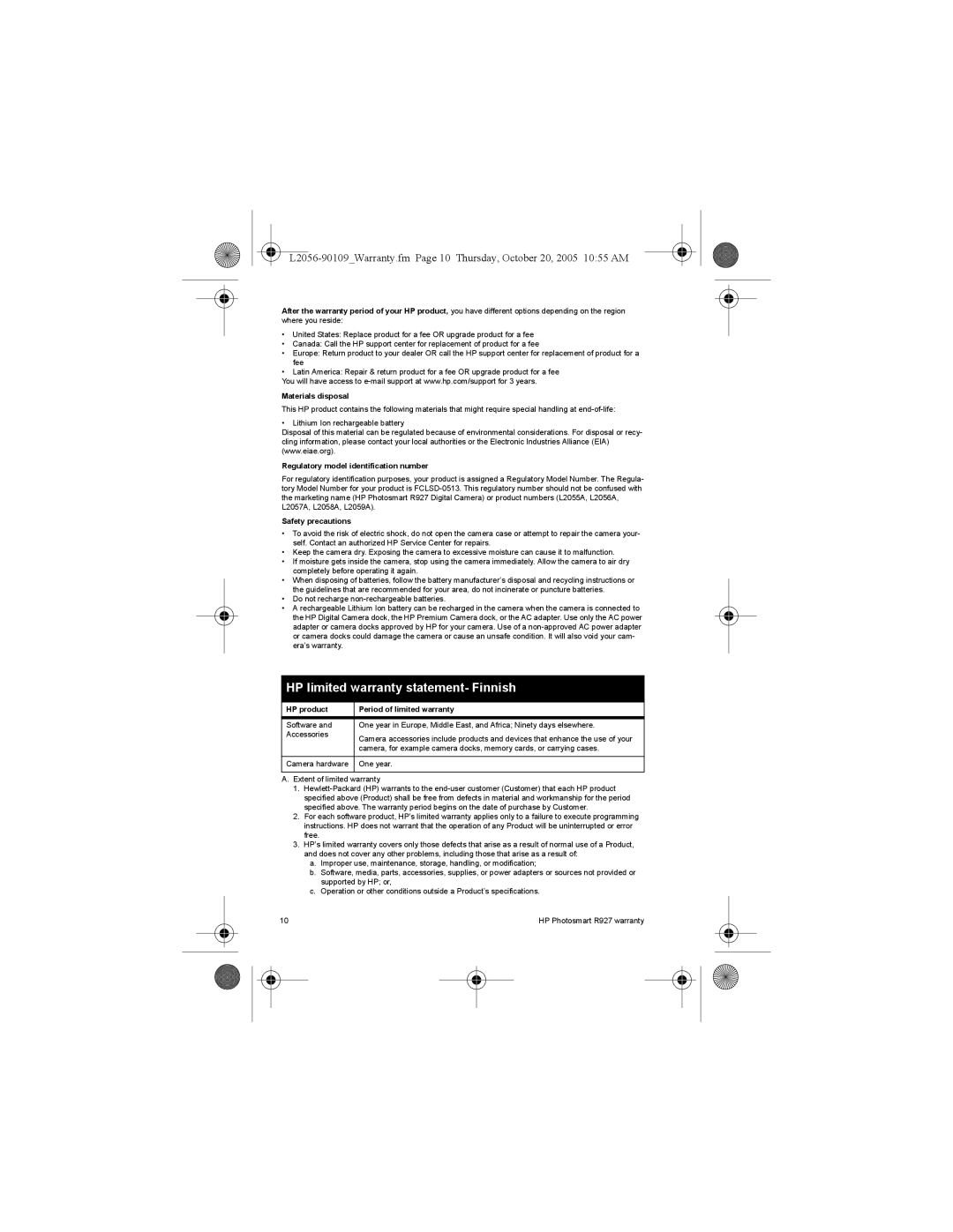 HP R927 R927 manual HP limited warranty statement- Finnish 