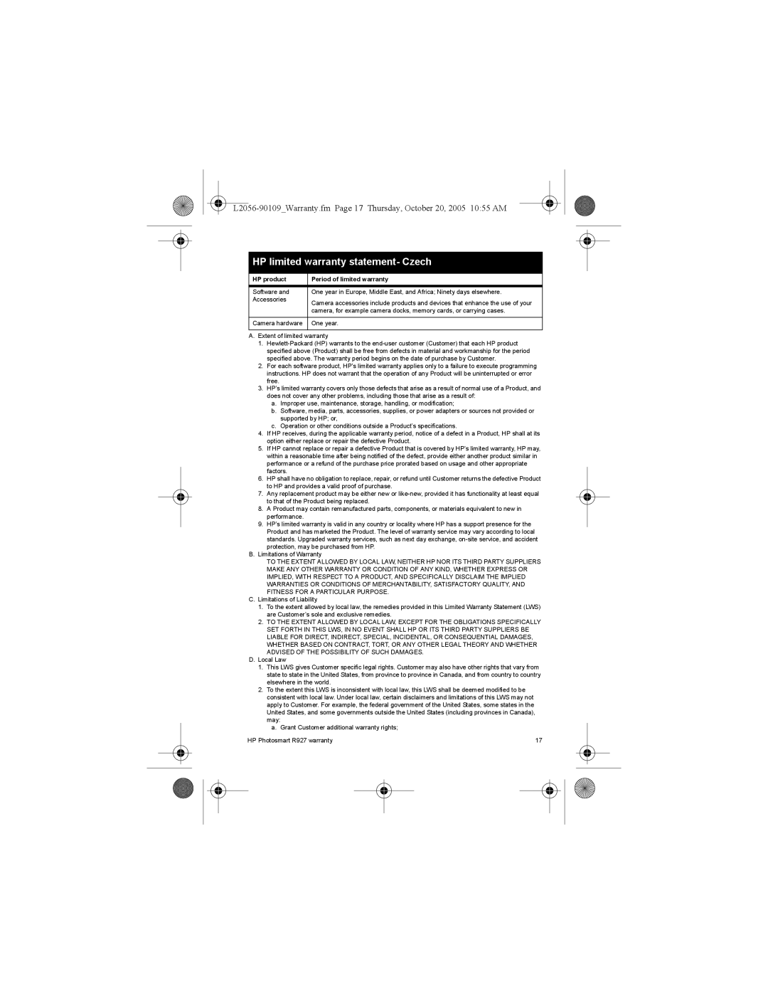 HP R927 R927 manual HP limited warranty statement- Czech, HP product Period of limited warranty 