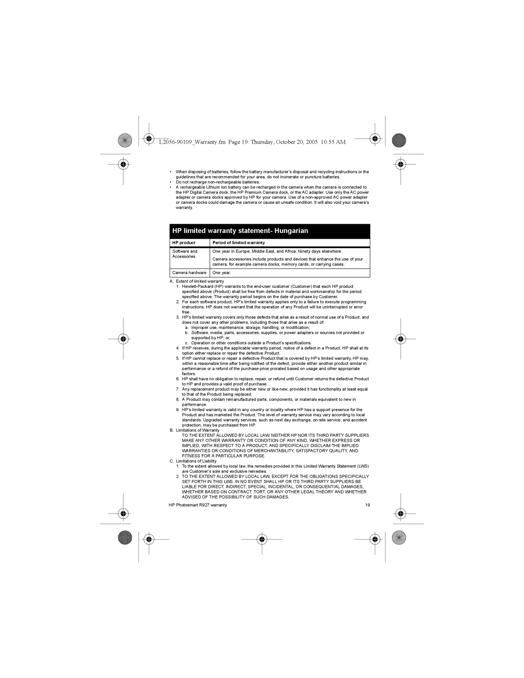 HP R927 R927 manual HP limited warranty statement- Hungarian 