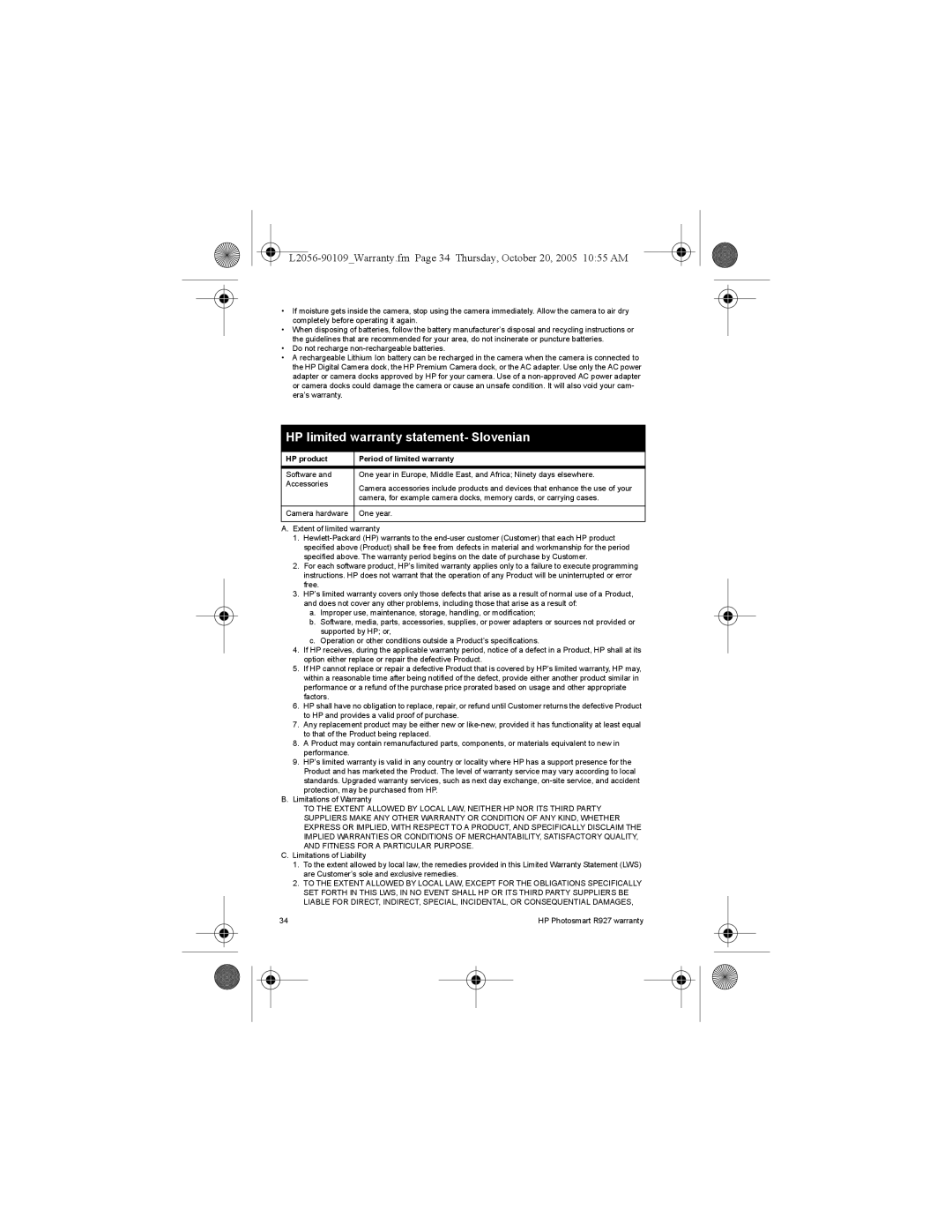 HP R927 R927 manual HP limited warranty statement- Slovenian 