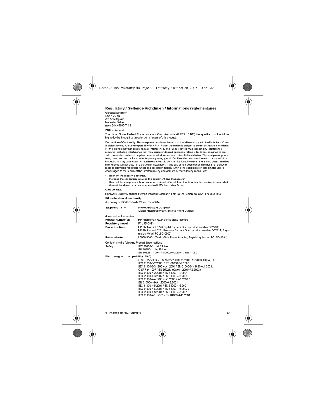 HP R927 R927 FCC statement, USA contact, EU declaration of conformity, Suppliers name, Product numbers, Regulatory model 