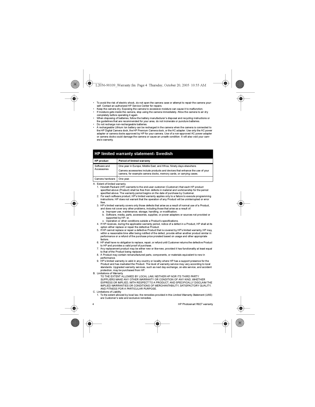 HP R927 R927 manual HP limited warranty statement- Swedish 