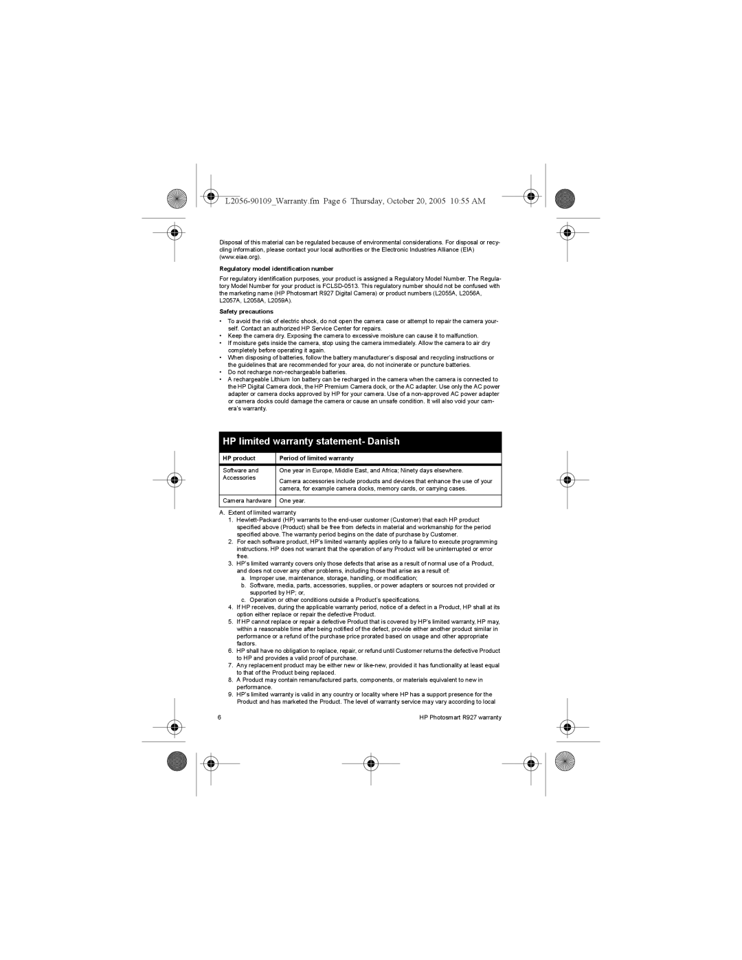 HP R927 R927 manual HP limited warranty statement- Danish, Regulatory model identification number 