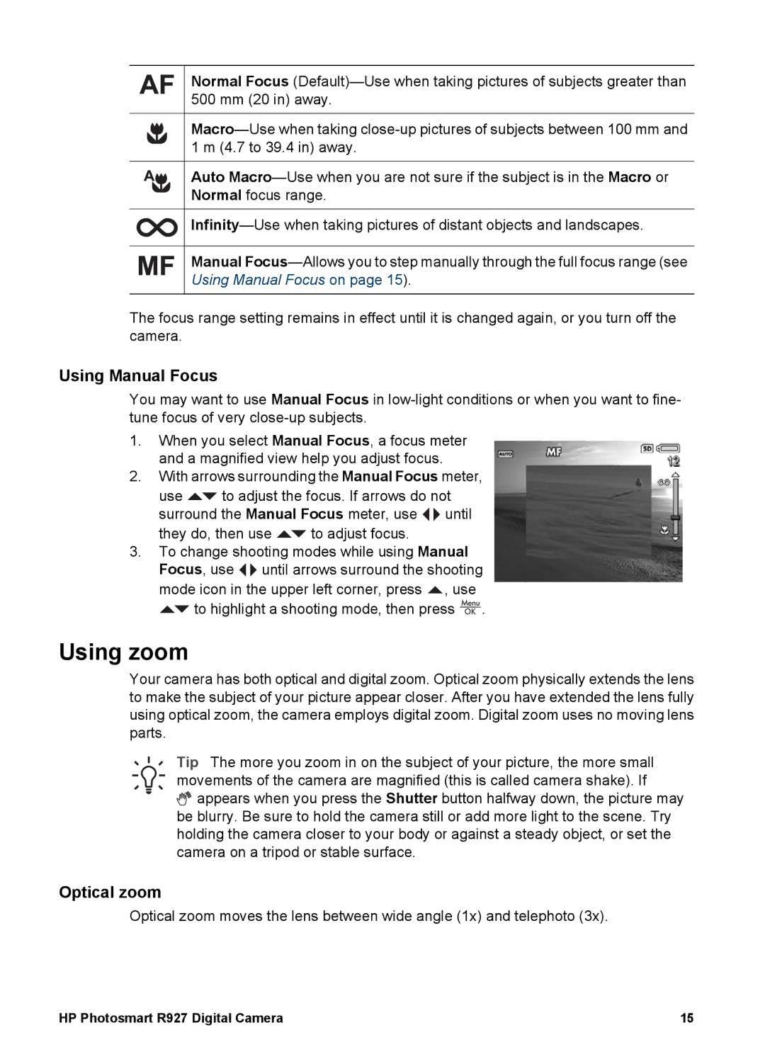 HP R927 manual Using zoom, Using Manual Focus, Optical zoom 