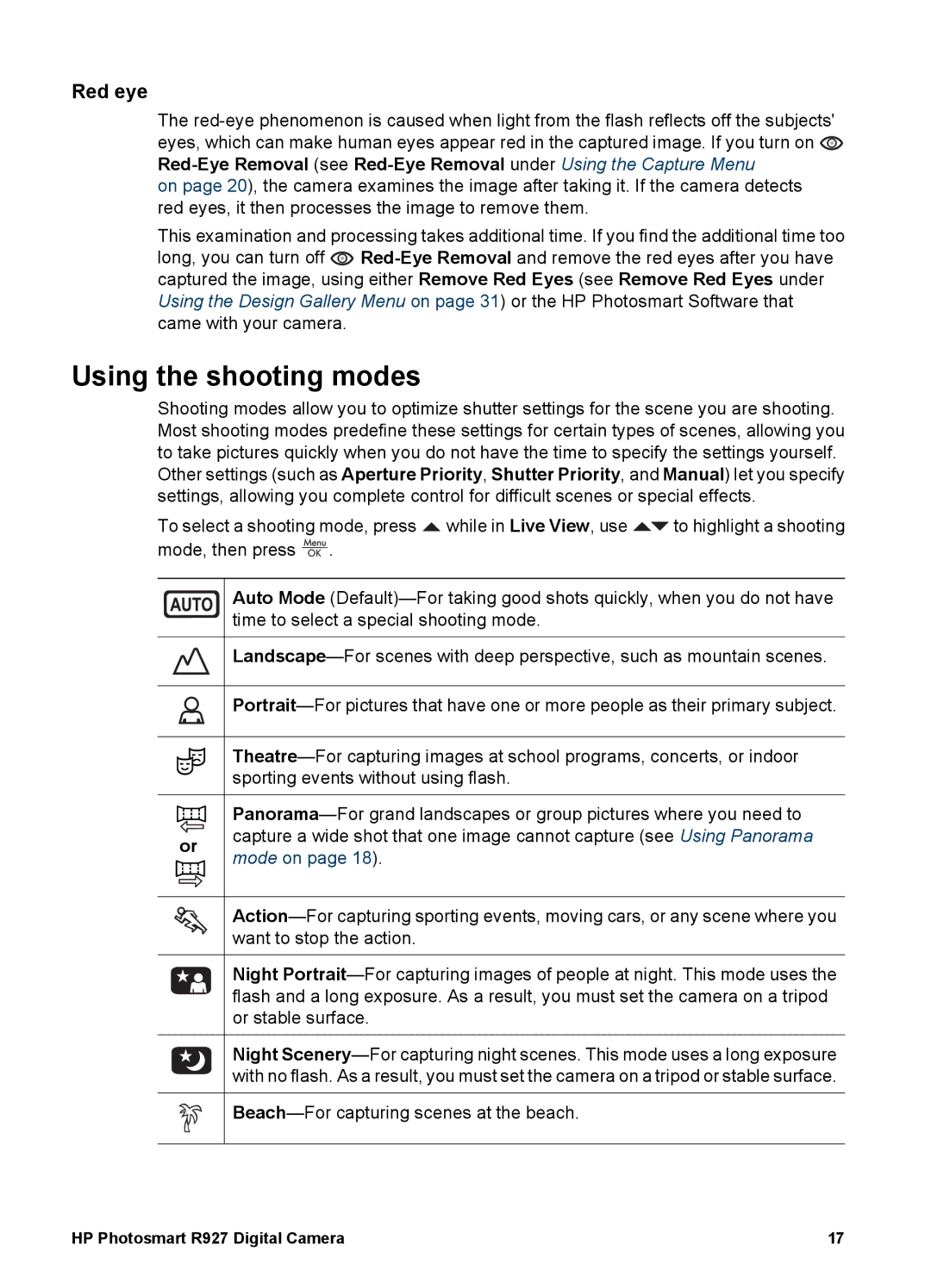 HP R927 manual Using the shooting modes, Red eye 