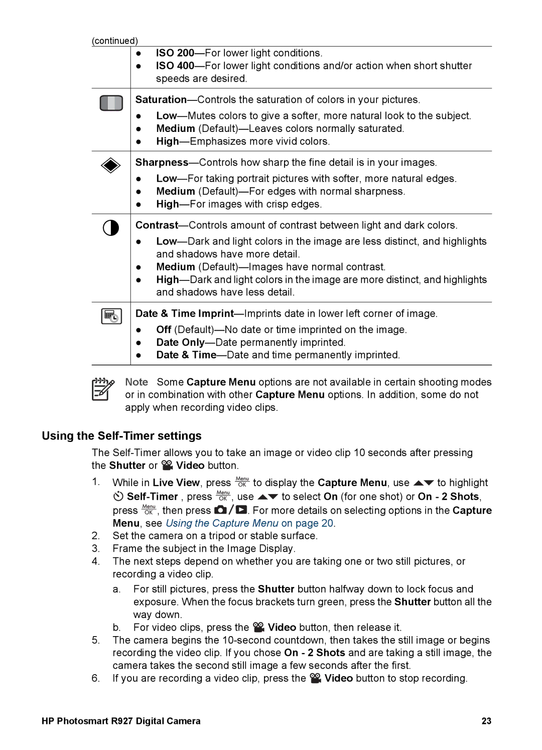 HP R927 manual Using the Self-Timer settings 