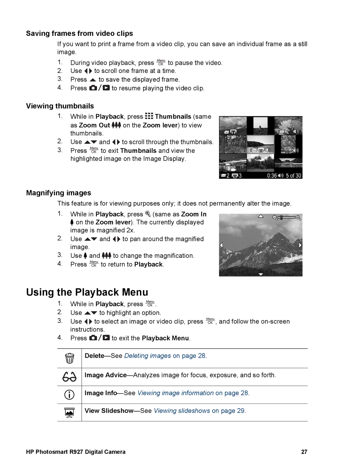 HP R927 manual Using the Playback Menu, Saving frames from video clips, Viewing thumbnails, Magnifying images 