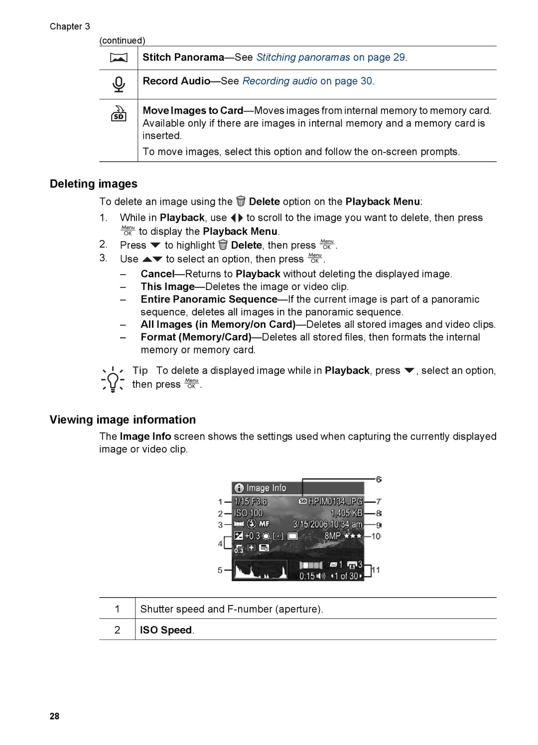 HP R927 manual Deleting images, Viewing image information, ISO Speed 