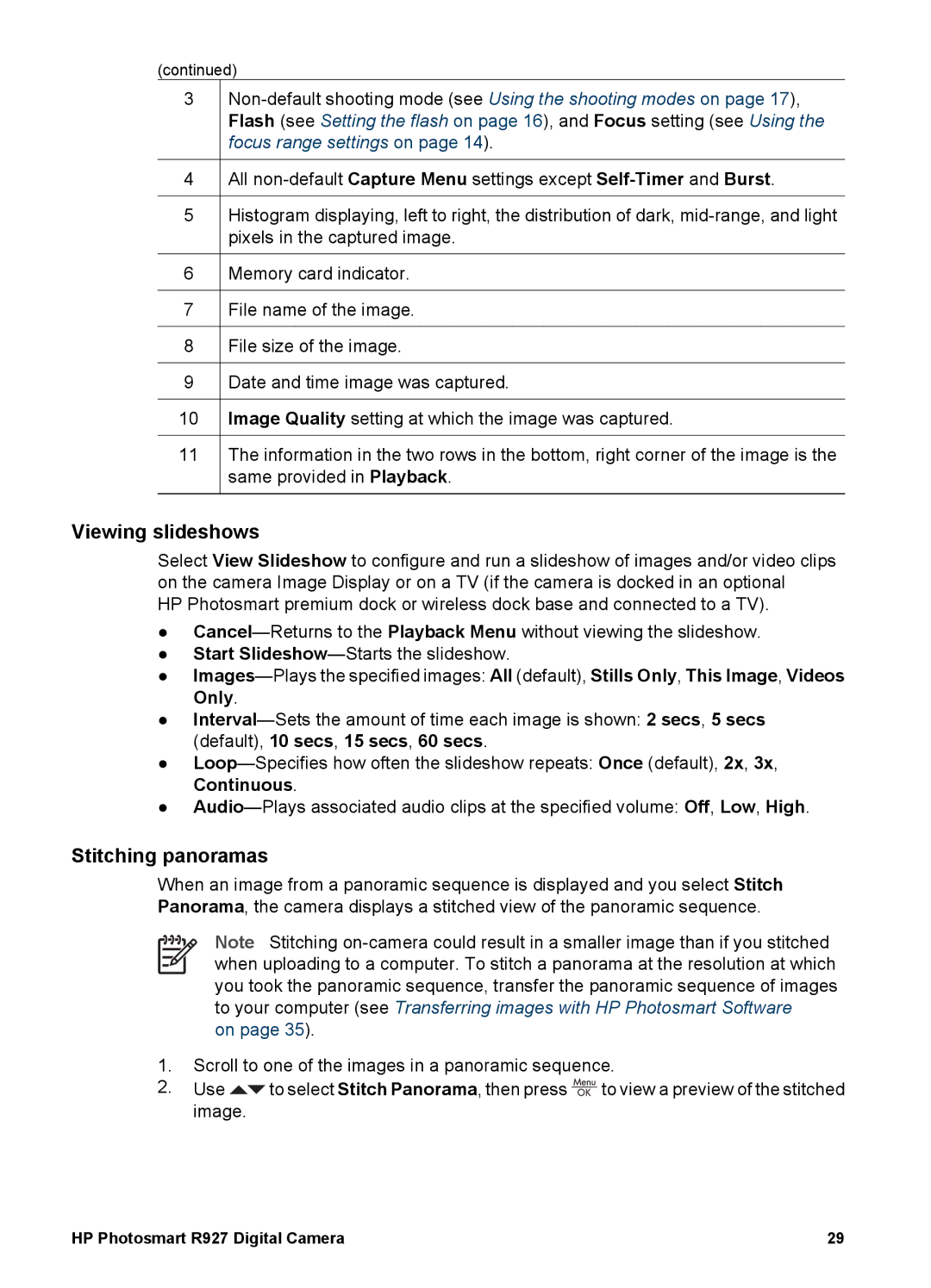 HP R927 manual Viewing slideshows, Stitching panoramas 