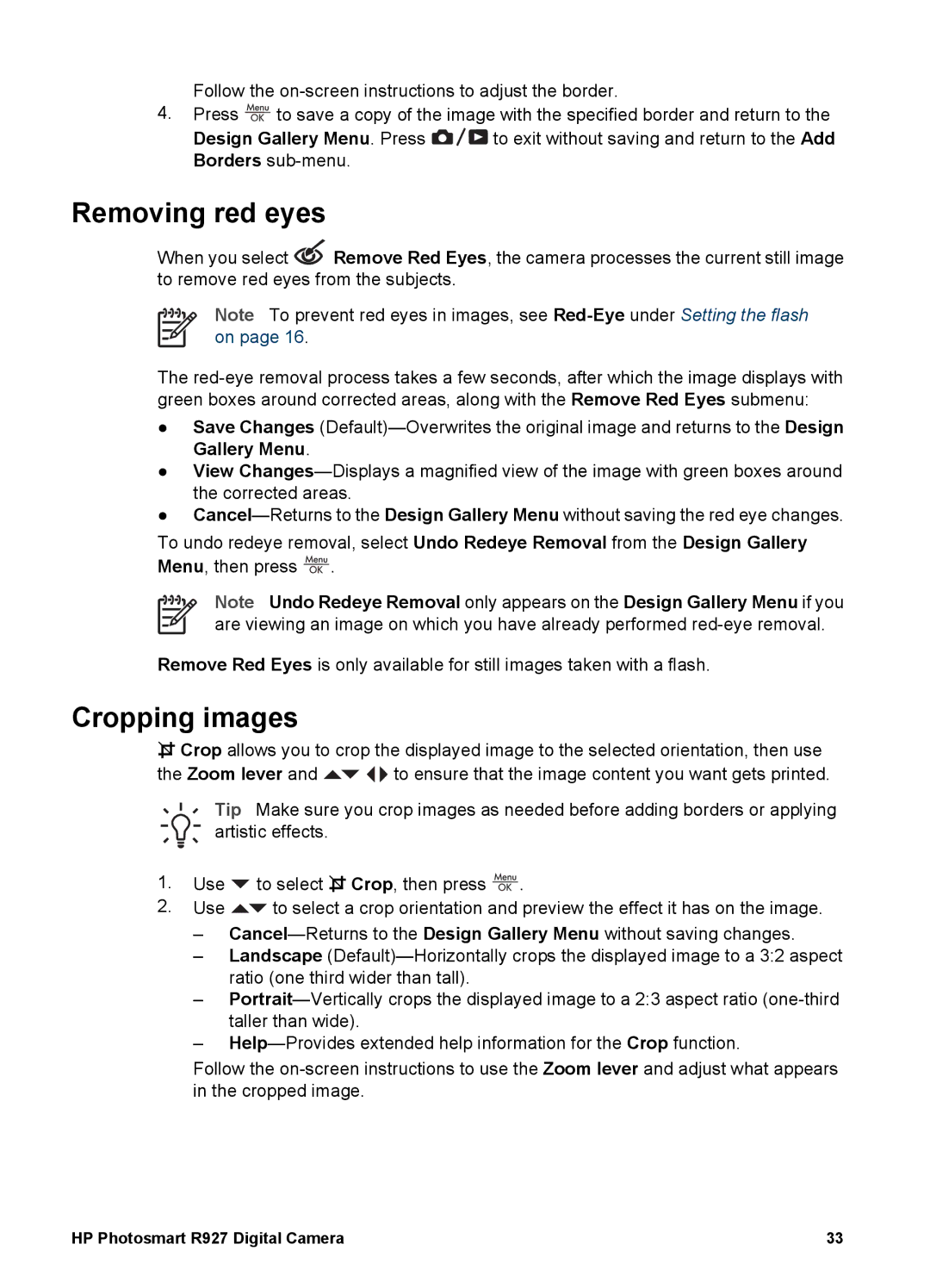 HP R927 manual Removing red eyes, Cropping images 