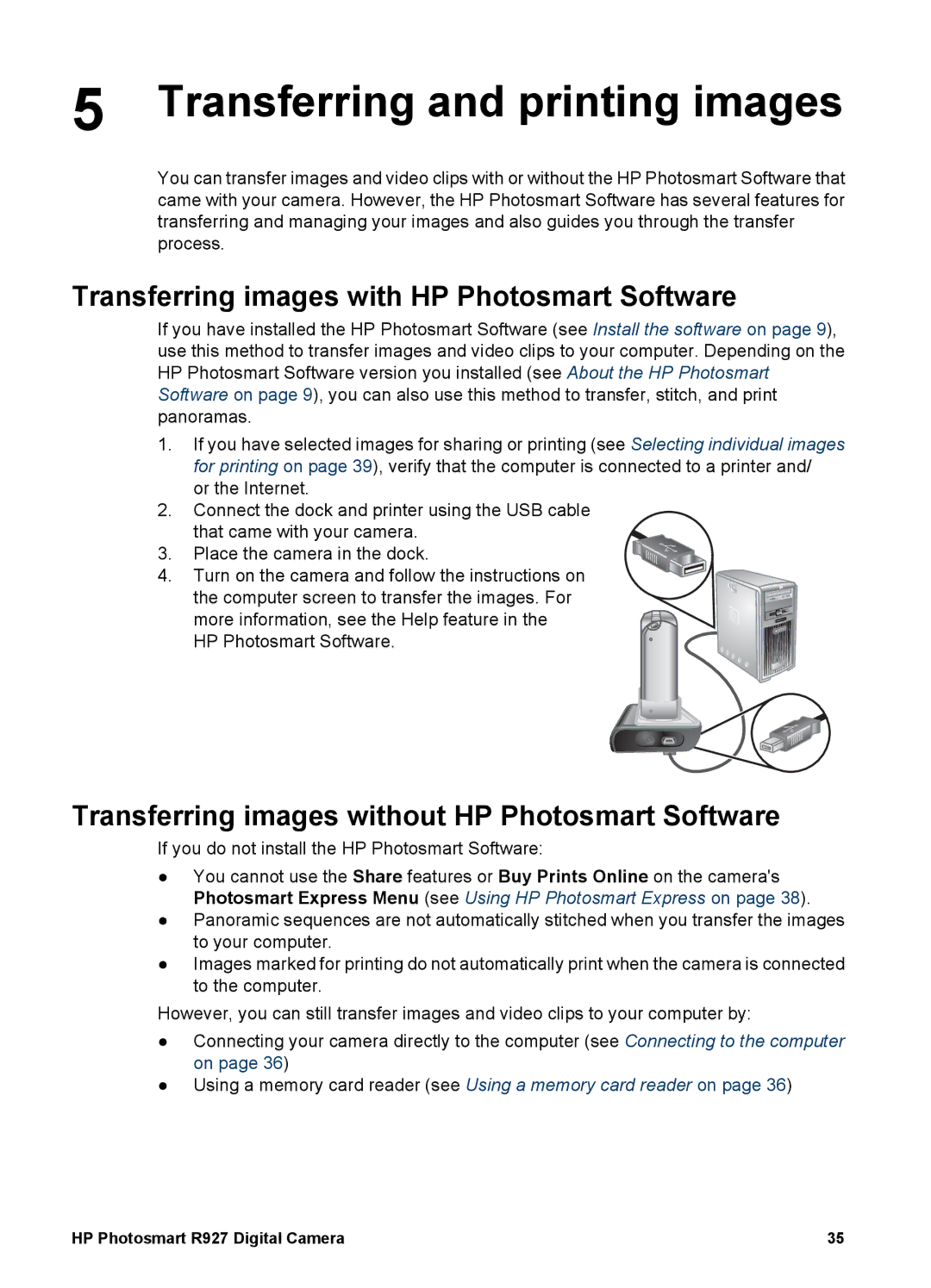 HP R927 manual Transferring and printing images, Transferring images with HP Photosmart Software 