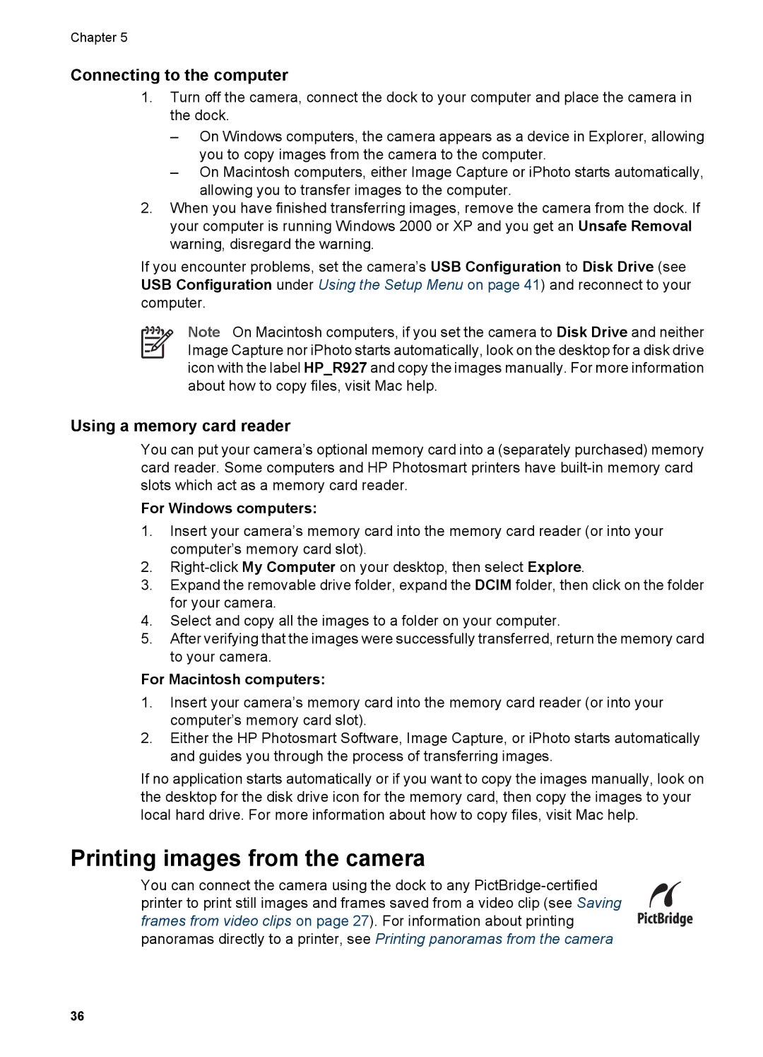 HP R927 Printing images from the camera, Connecting to the computer, Using a memory card reader, For Windows computers 