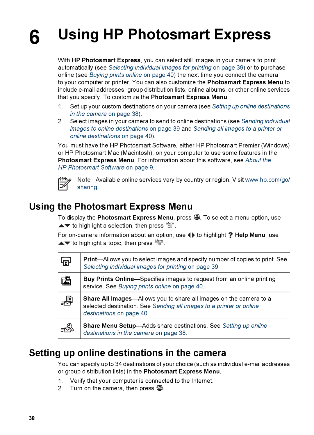 HP R927 manual Using HP Photosmart Express, Using the Photosmart Express Menu, Setting up online destinations in the camera 