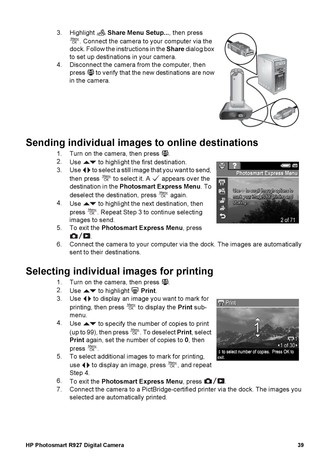 HP R927 manual Sending individual images to online destinations, Selecting individual images for printing 