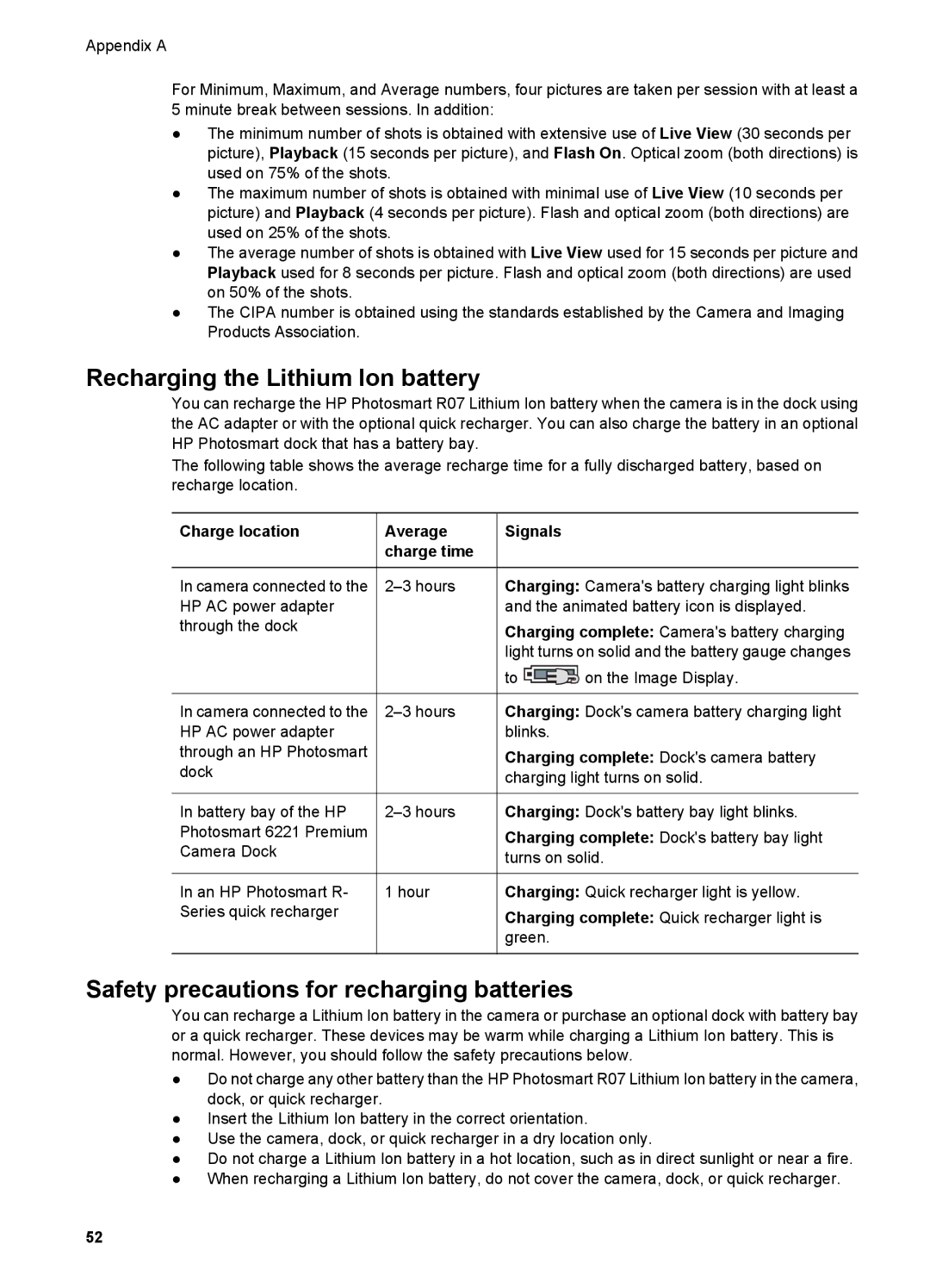 HP R927 manual Recharging the Lithium Ion battery 