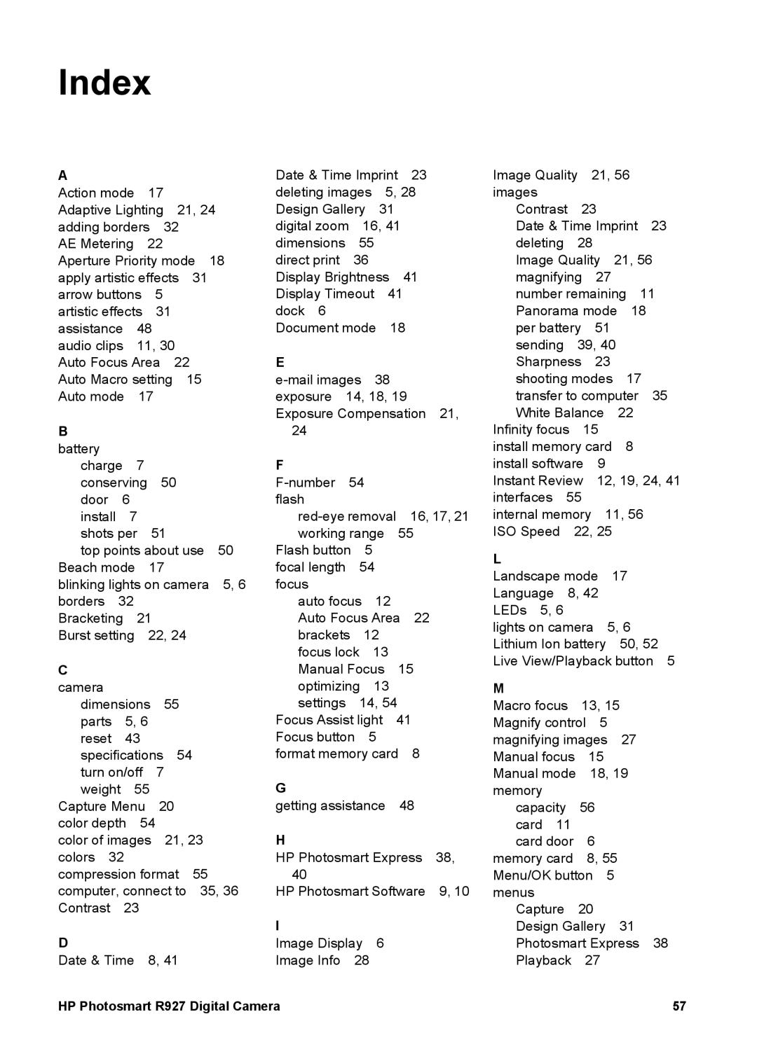 HP R927 manual Index 