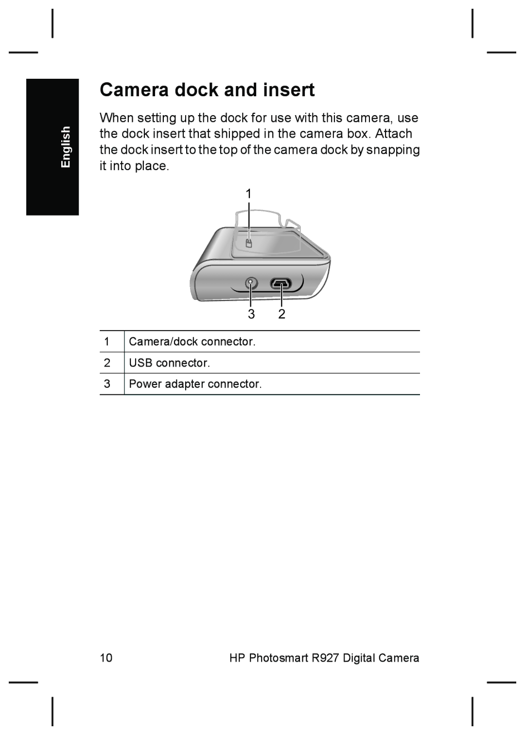 HP R927 manual Camera dock and insert 