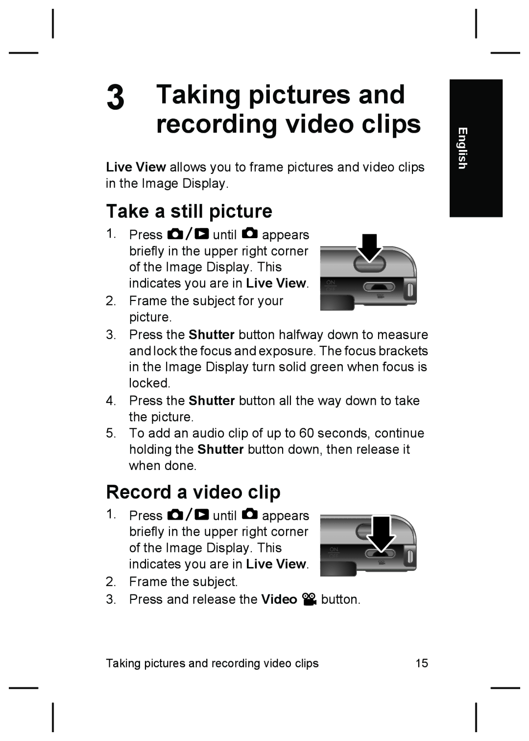 HP R927 manual Taking pictures, Take a still picture, Record a video clip 