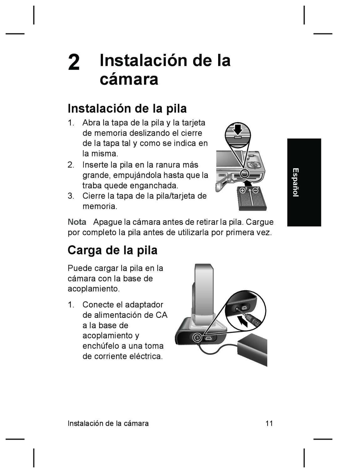 HP R927 manual Cámara, Instalación de la pila, Carga de la pila 