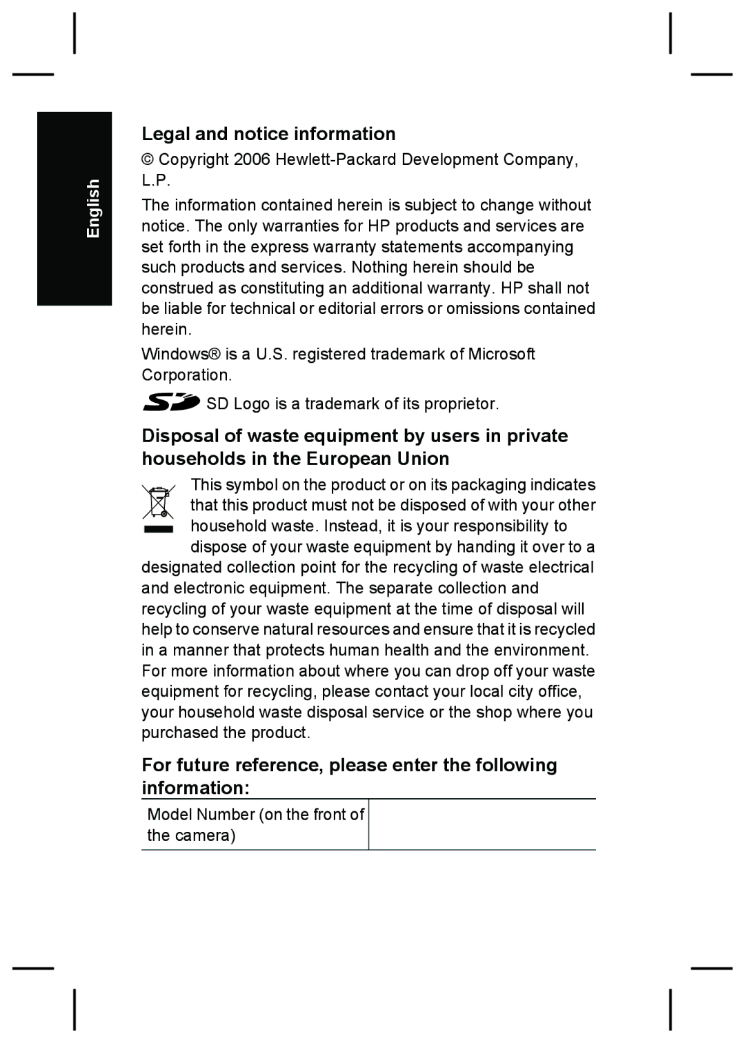 HP R927 manual Legal and notice information, For future reference, please enter the following information 