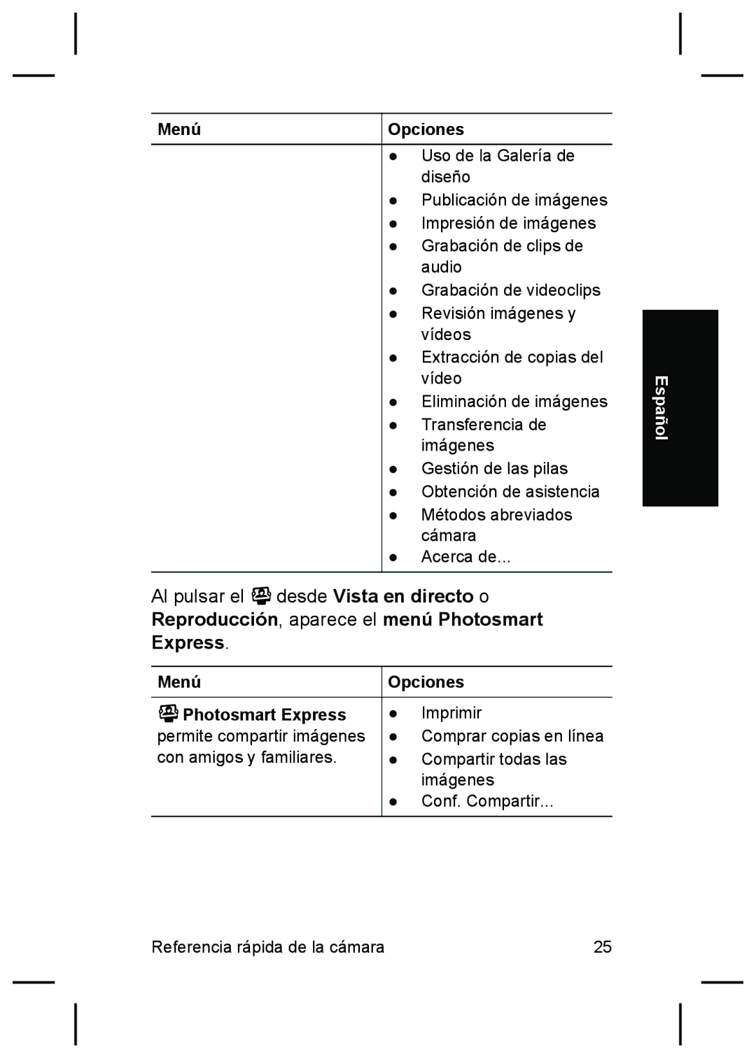 HP R927 manual Menú Opciones, Menú Photosmart Express 