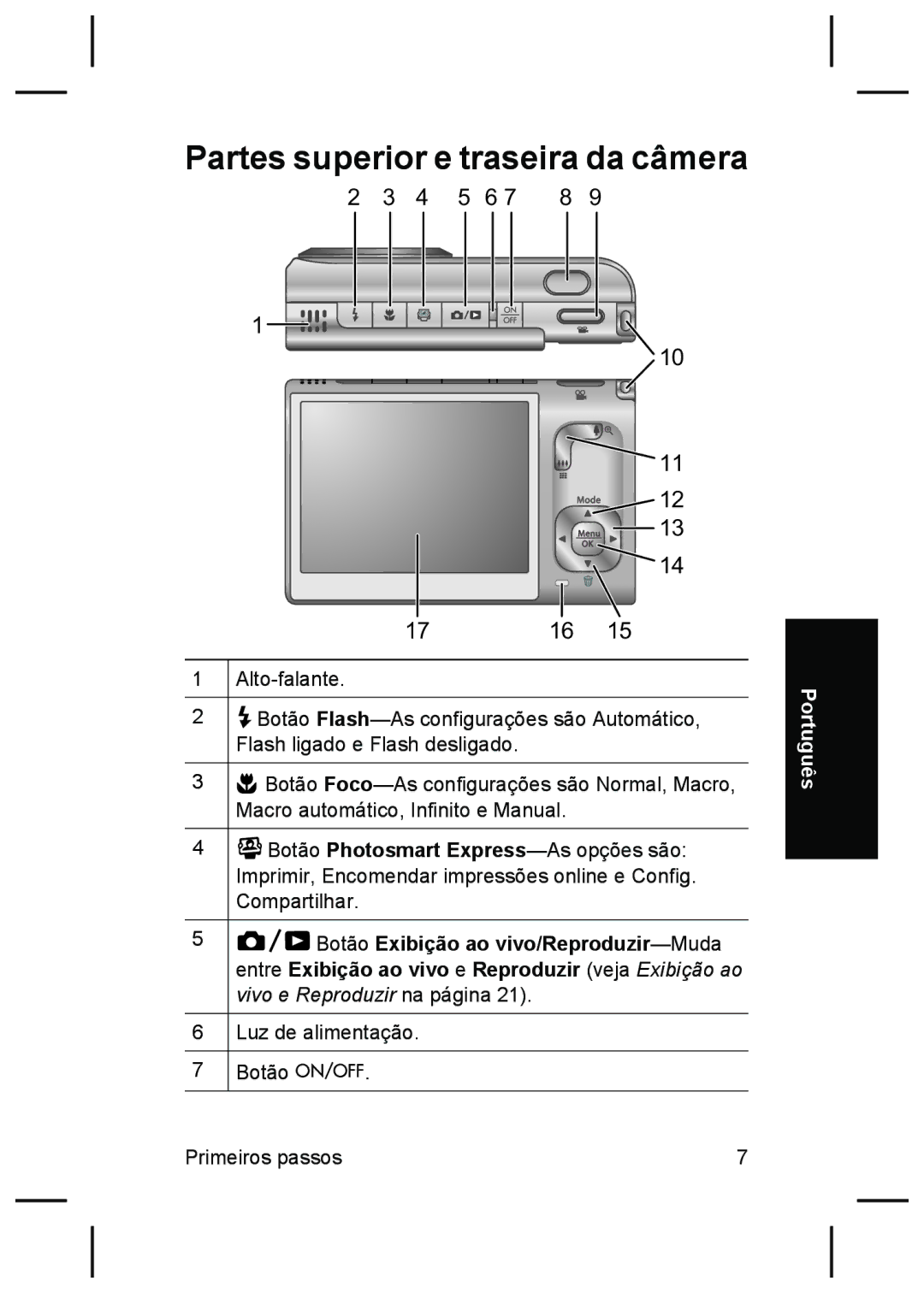 HP R927 manual Partes superior e traseira da câmera 