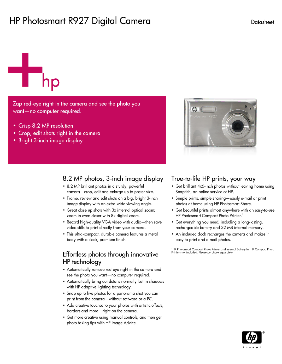 HP R927 manual MP photos, 3-inch image display, HP technology True-to-life HP prints, your way 