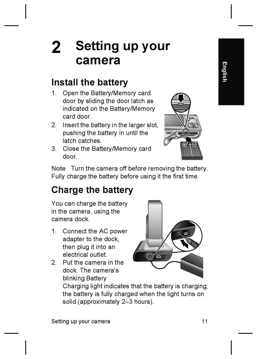 HP R927 manual camera, Setting up your, Install the battery, Charge the battery 