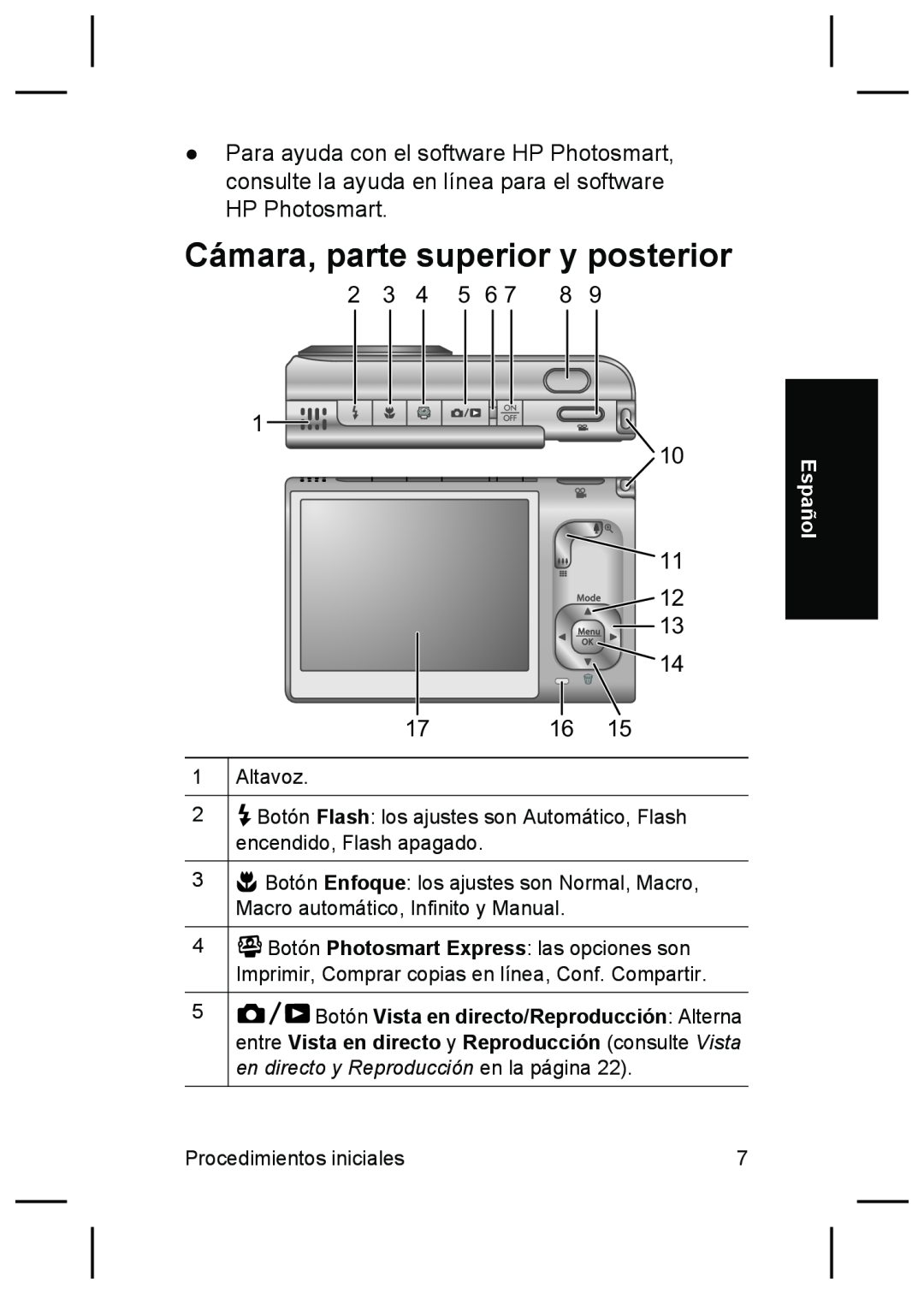 HP R927 manual Cámara, parte superior y posterior, Altavoz, Español, Procedimientos iniciales 