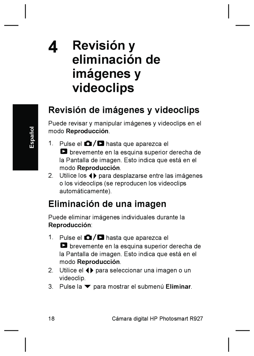 HP R927 Revisión y eliminación de imágenes y videoclips, Revisión de imágenes y videoclips, Eliminación de una imagen 