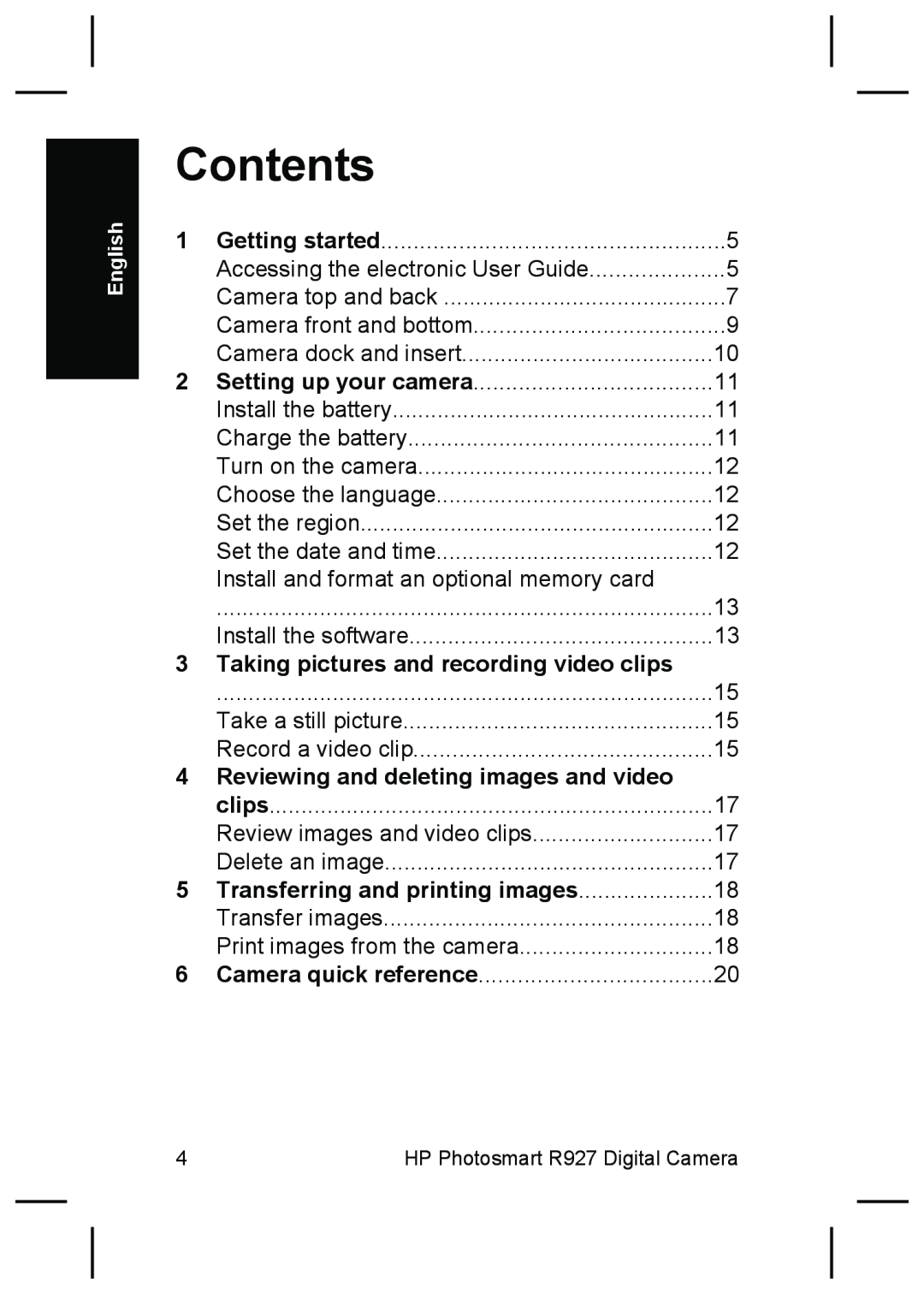 HP R927 manual Contents, Taking pictures and recording video clips, Reviewing and deleting images and video 