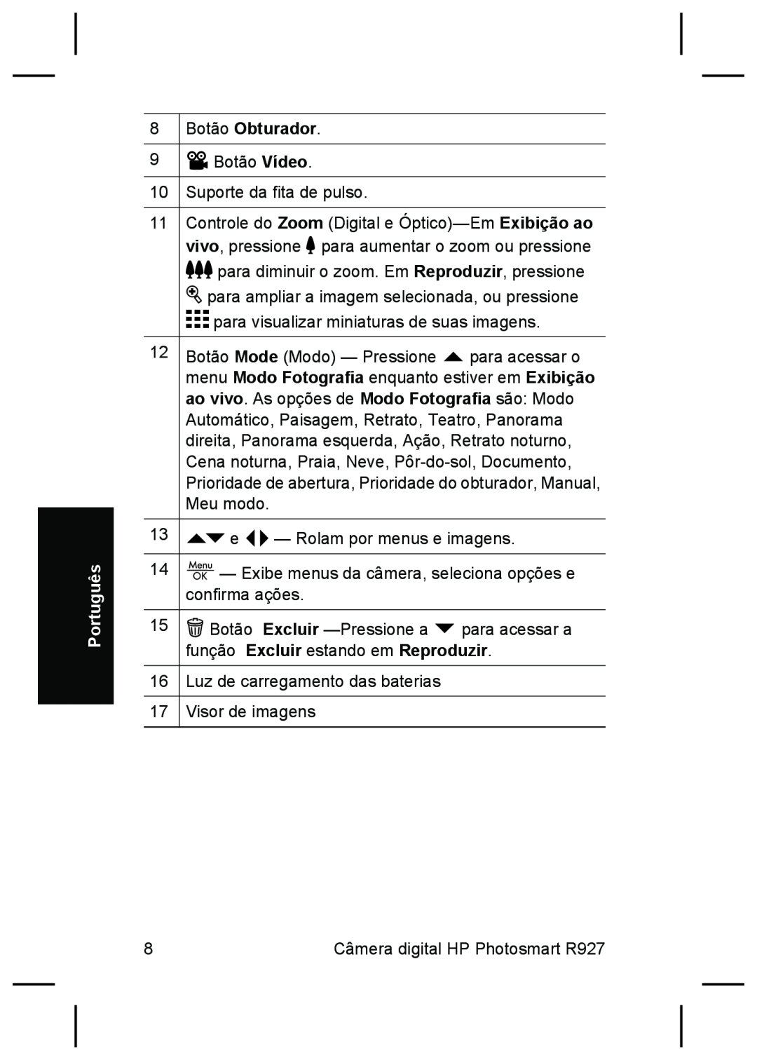 HP R927 manual Português, 8 Botão Obturador 