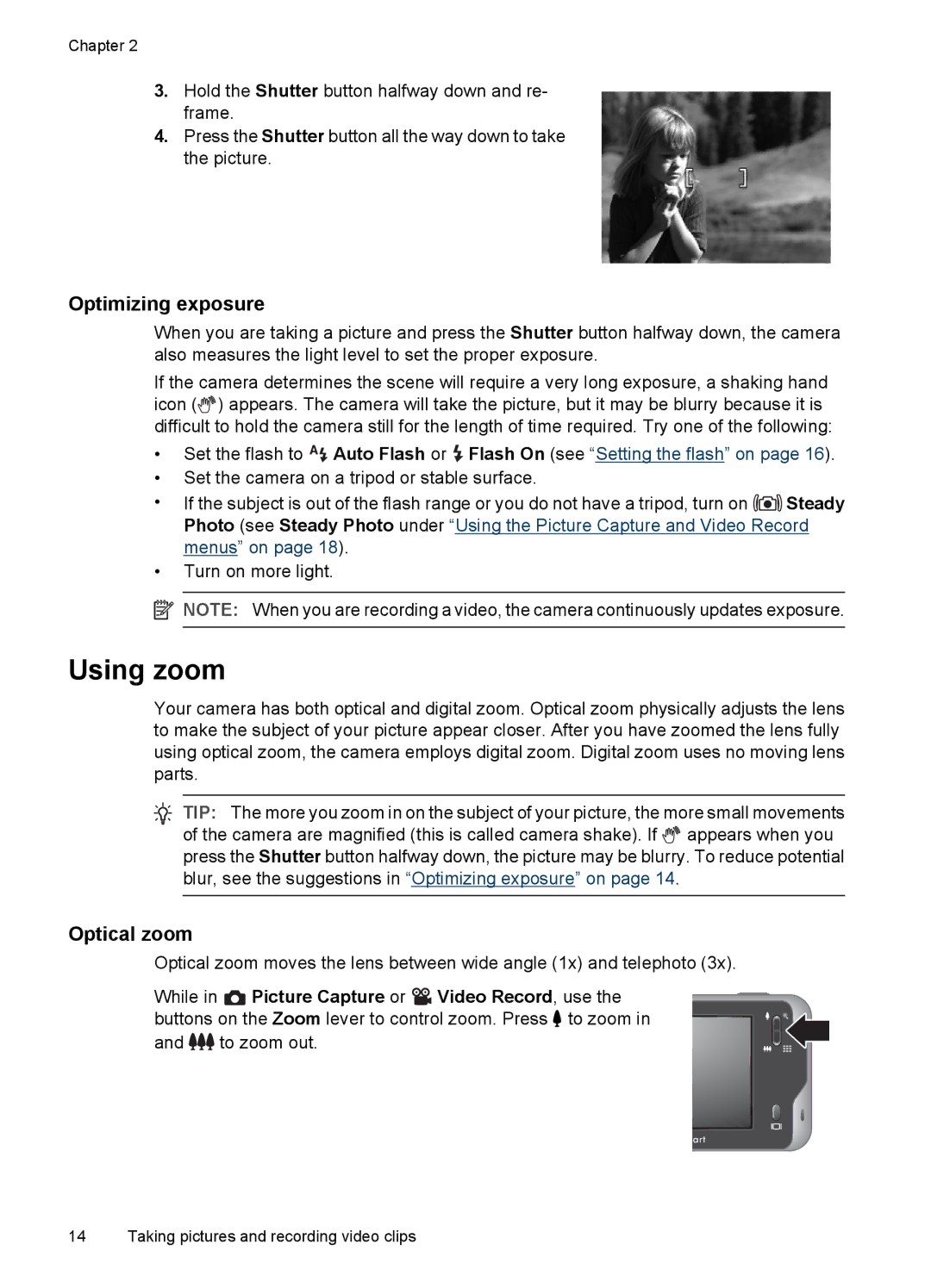 HP R937 manual Using zoom, Optimizing exposure, Optical zoom 