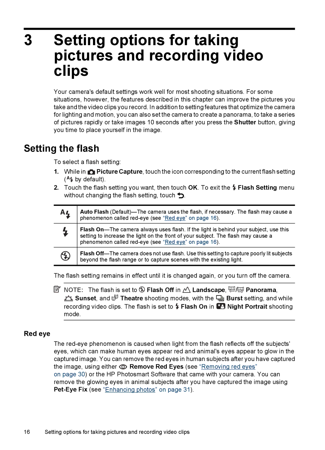 HP R937 manual Setting the flash, Red eye, Landscape , / Panorama, Flash On Night Portrait shooting 