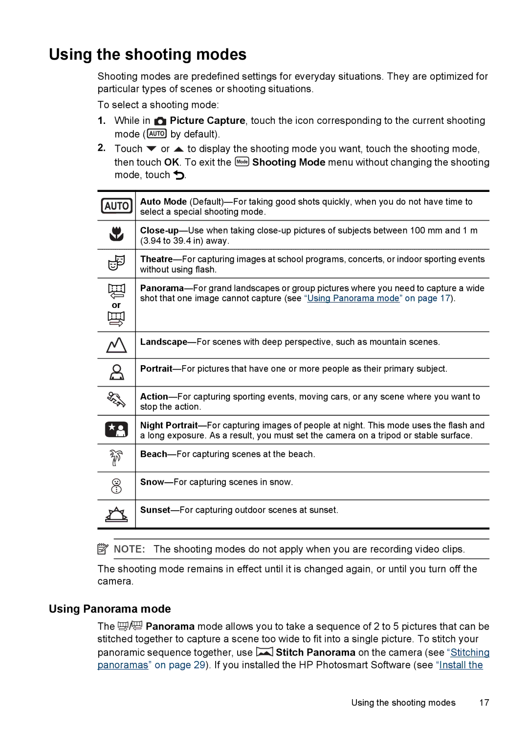 HP R937 manual Using the shooting modes, Using Panorama mode 