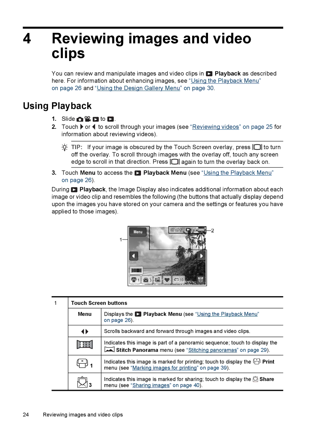 HP R937 manual Reviewing images and video clips, Using Playback, Touch Screen buttons, Print, Share 