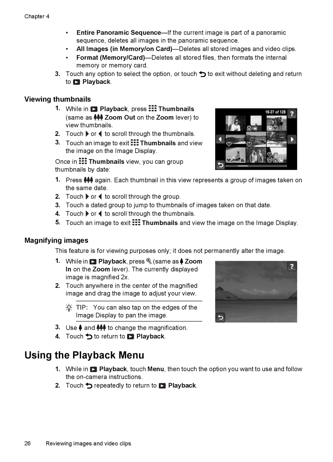 HP R937 manual Using the Playback Menu, Viewing thumbnails, Magnifying images 