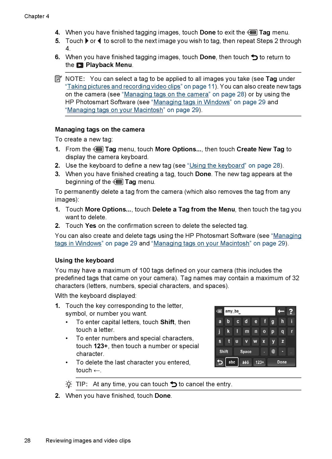 HP R937 manual Managing tags on the camera, Using the keyboard 