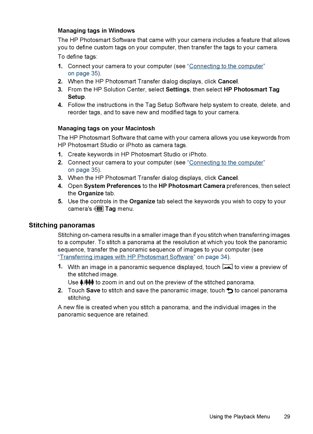 HP R937 manual Stitching panoramas, Managing tags in Windows, Managing tags on your Macintosh 