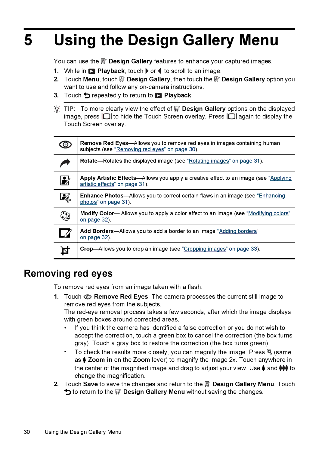 HP R937 manual Using the Design Gallery Menu, Removing red eyes 